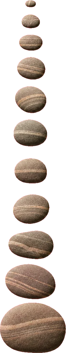A vertical line of river stones, largest at the base
