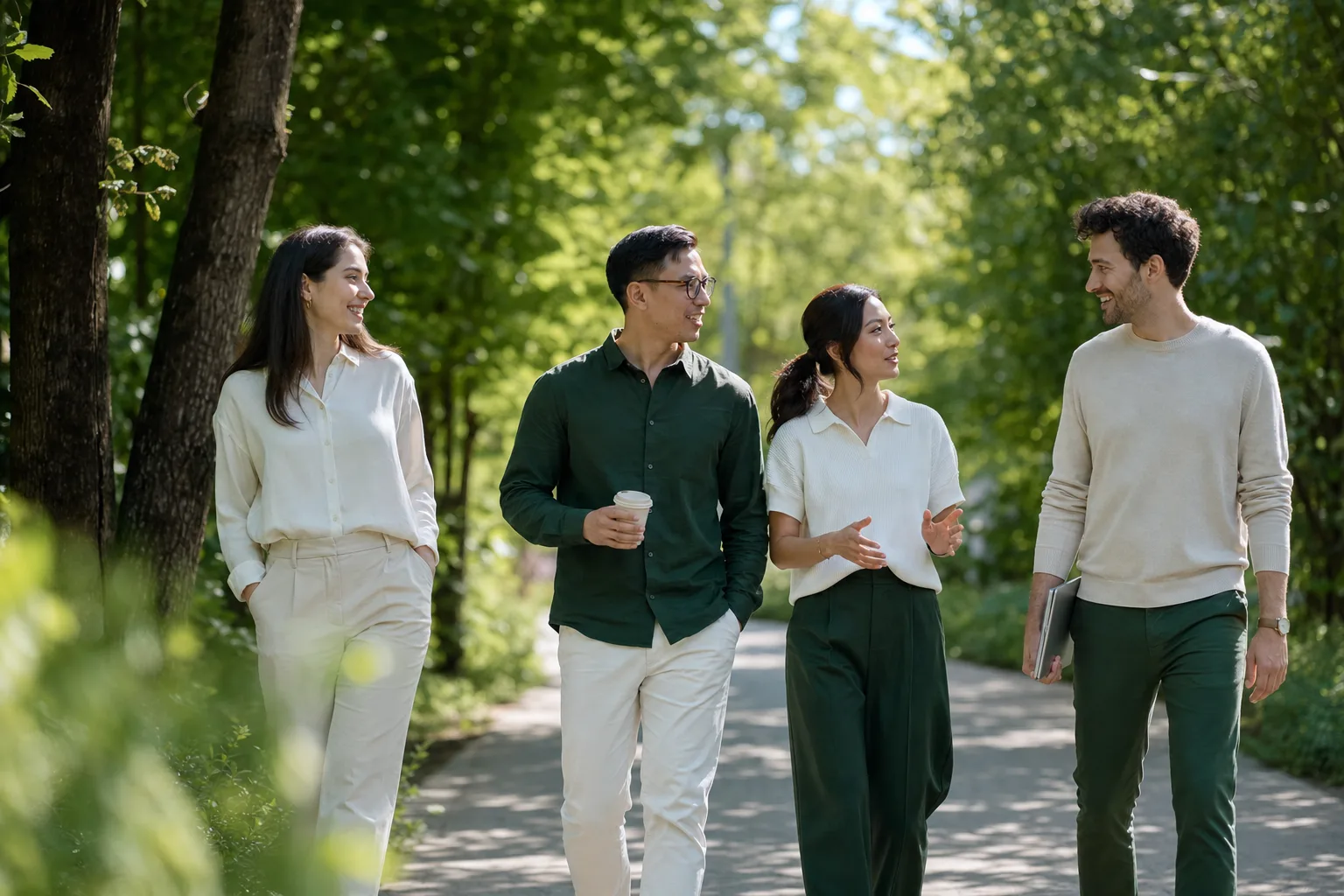 Small team on a walking meeting along a tree-lined path in bright daylight